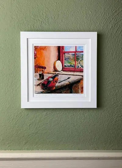 framed print of painting featuring irish traditional musical instruments
